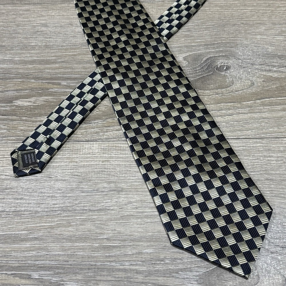 Foggia Handmade 100% Silk Blie Black Gray Geometric Mens Necktie 60" L 3.75" W